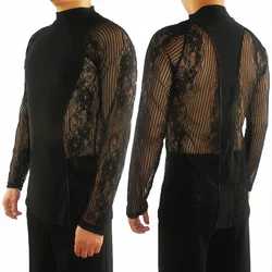 Latin Dance Shirt Men Lace Long Sleeve Stripes Dancing Tops Rumba Cha Cha Samba Male Round Collar Performance Clothes DNV10359