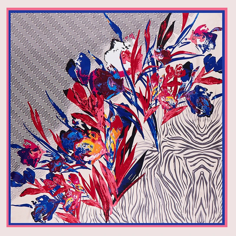 POBING Twill Silk Scarf Women Flowers Print Square Scarves Large Bandana Luxury Kerchief Hijab Scarf Female Head Foulards