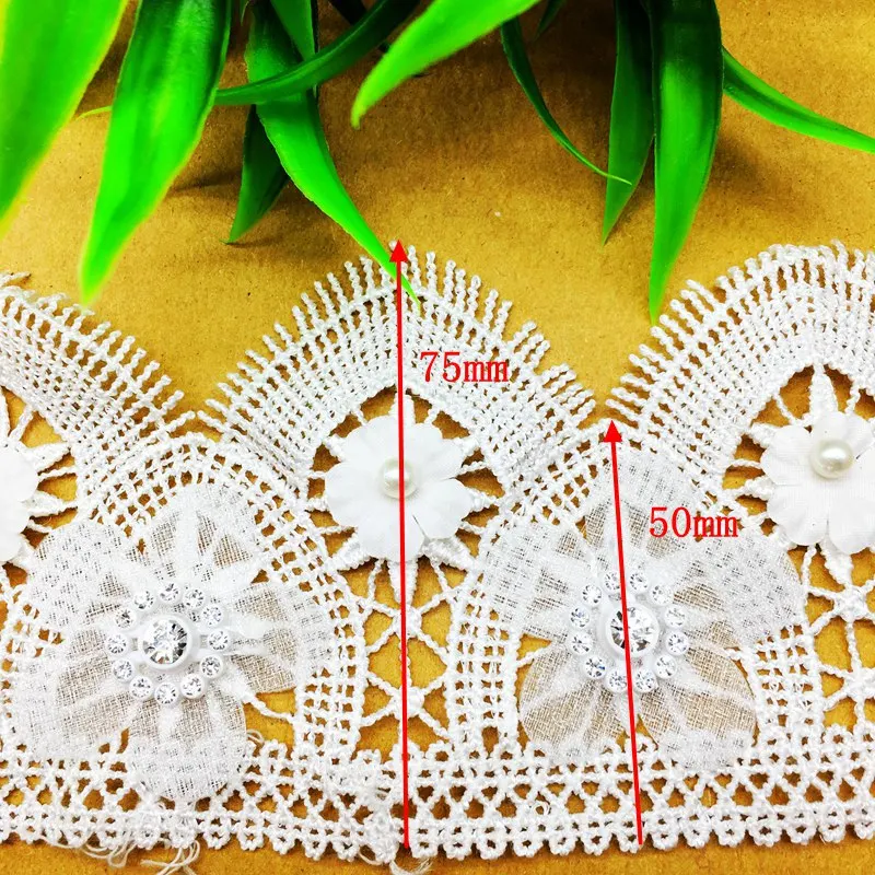 1 Yard 75mm Wide Organza Flower Pearls African Lace Trim Fabric Beaded Rhinestone Ribbon Sewing Crafts For Wedding Dress Clothes