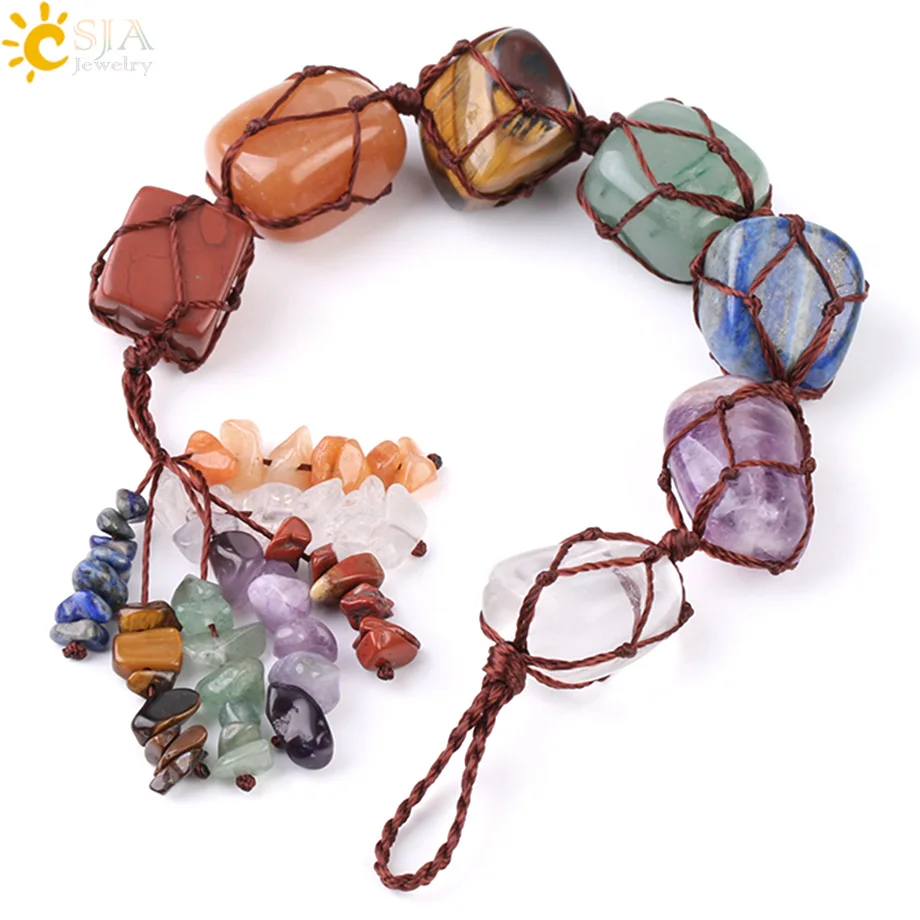 CSJA Natural Stone 7 Chakra Irregular Car Hanging Decoration Healing Reiki Tumbled Gem Stones Tassel Home Wall Window Decor G110