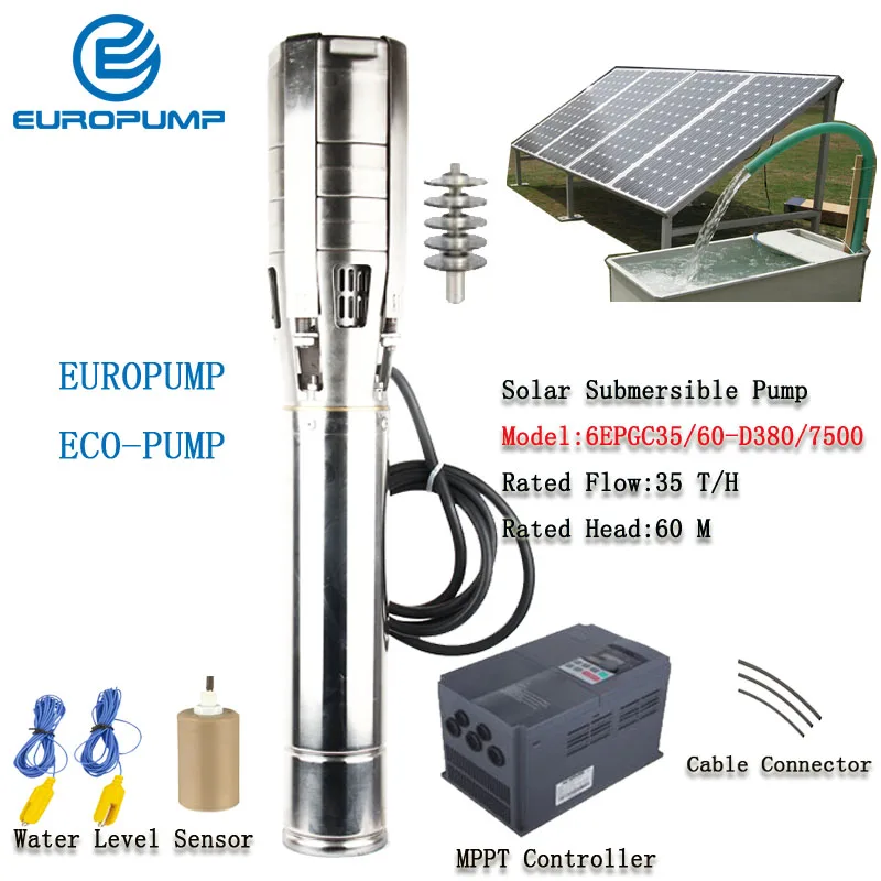 

EUROPUMP 6Inch 10HP outlet 3" Lift 60M Flow 35000LPH High Speed Solar Water Pump MPPT controller MODEL(6EPGC35/60-D380/7500)