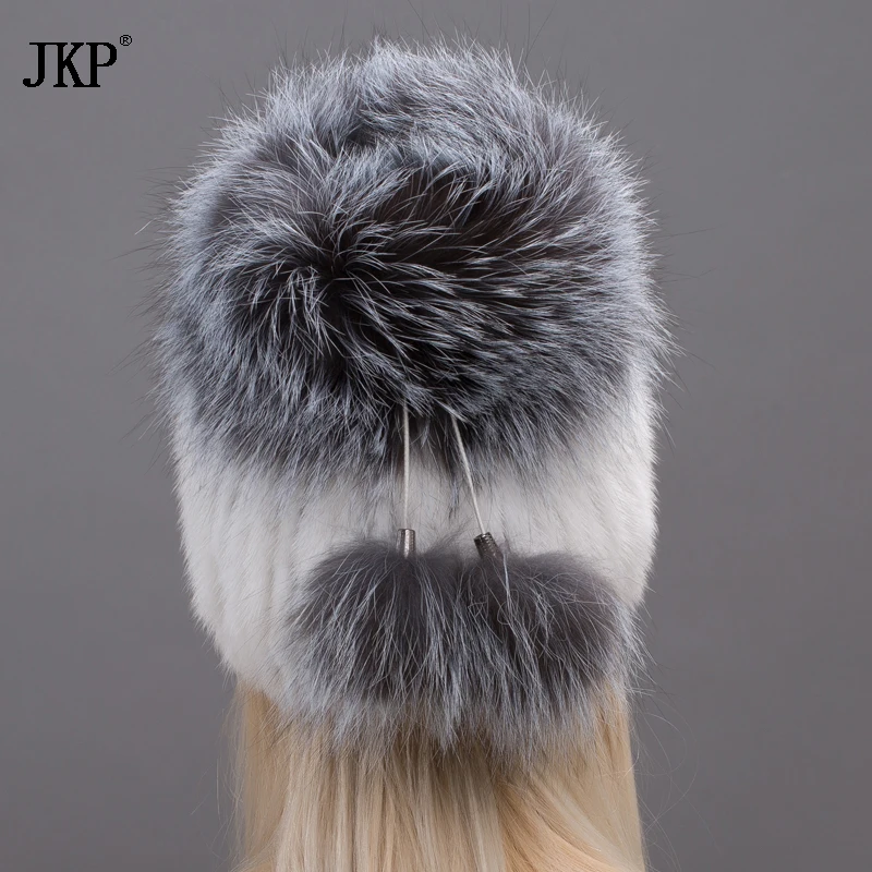 Women Skullies Genuine Winter Fur Hat Mink Fur With Silver Fox Pompoms Top Hats Sale Hot Sale Elastic Fur Cap  DHY17-26CX