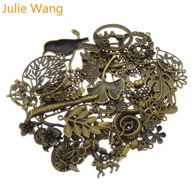 Julie Wang 10PCS Randomly Mix Birds Animal Leaf Flower Charms Antique Colors Necklace Bracelet Jewelry Making Accessory