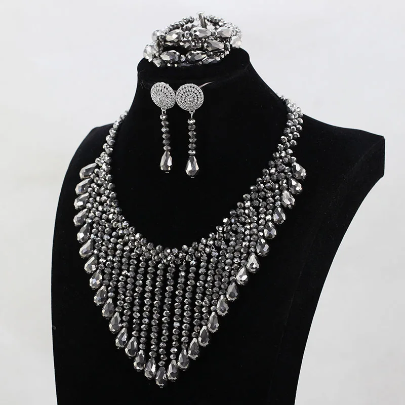 African Beads Metallic Silver Wedding Bib Statement Necklace Set Crystal Bride Gift Party Jewellery Set New Free Shipping ABH610