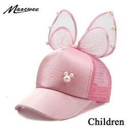 Big Bow Fashion Summer Kids Black White Pink Lace Floral ear Baseball Caps With Pearl Children Sun Hats Princess Mesh cap 2018