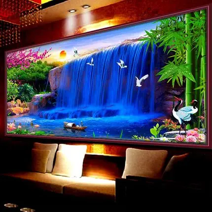 

160x80cm Needlework,DIY Set For Full Embroidery kit,Sunset Blue Waterfall Bird Counted Cross-Stitch Scenic Paint Wall Home Decor