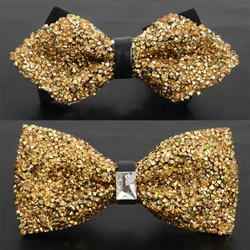 RBOCOTT Men's Fashion Crystal Bling Bow Tie Novelty Flat Corner Sharp Corner Bow Ties Solid Gold Silvery Bowtie For Men Wedding