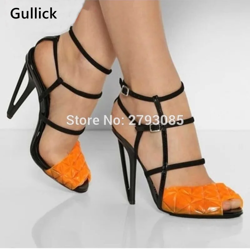 

Fashion Extreme Narrow Band Gladiator Thin High Heels Shoes Women Ankle Buckle Peep Toe Yellow Summer Strange Heel Sexy Sandals