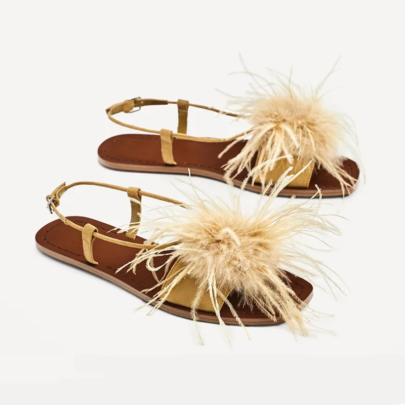 Feather Decor Women Sandals Fur Flat Shoes Ladies Summer Beach Sandal Valentine Shoe Square Toe Casual Flats 2024 New Slides