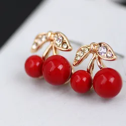 Fashion The New Cute Red Cherry Leaf Beads Rhinestone Lovely Ear Stud Earrings Jewelry Earrings For Women Gift Cheap Marketing