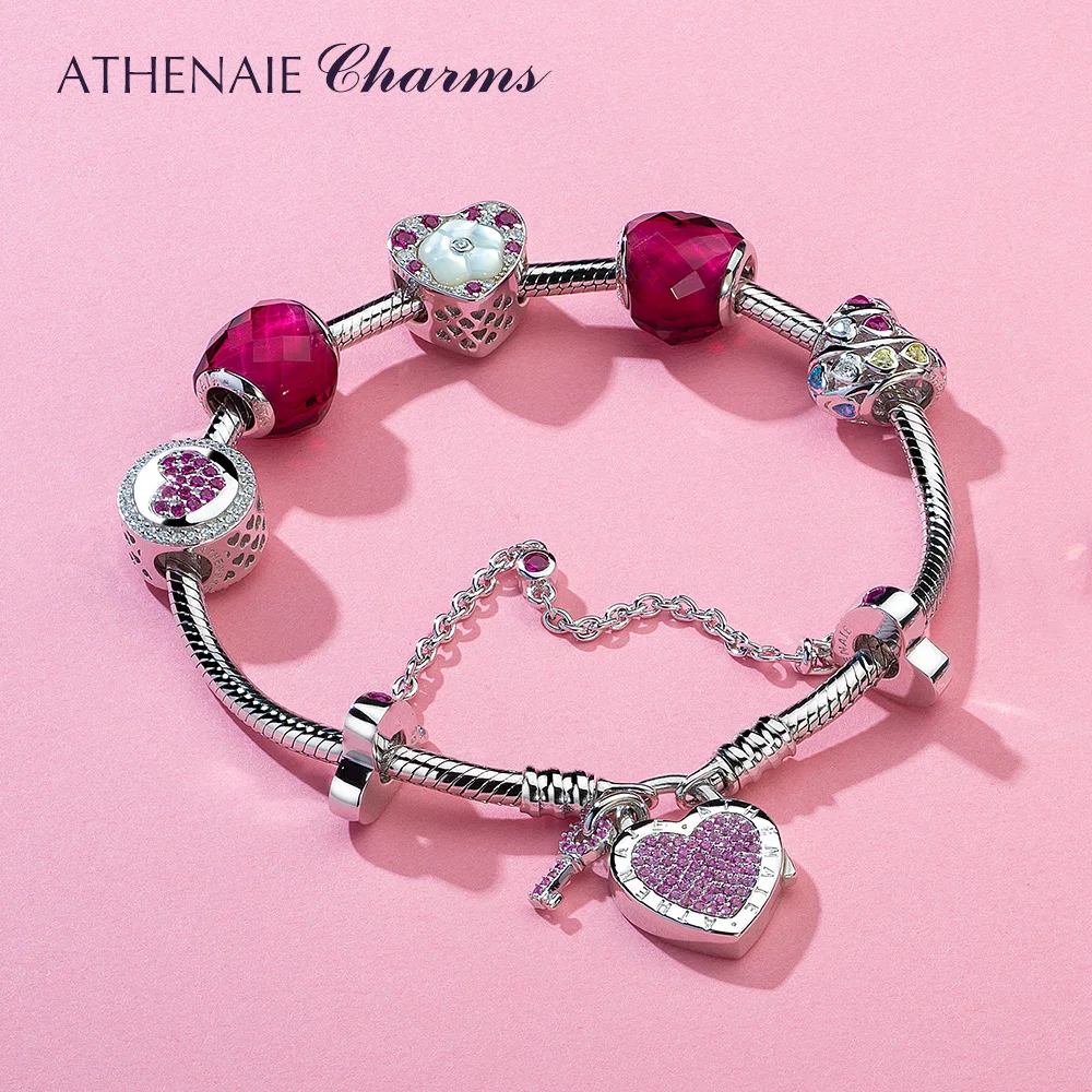 ATHENAIE 100% 925 Sterling Silver Heart Charms Bracelet with CZ Charm Glass Beads for Women Valentine Day