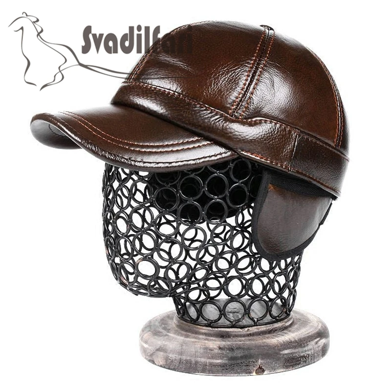 Svadilfari 2018 New Autumn Winter Real Cowhide Hat Men Women Genuine Leather Baseball Outdoor Warm Cap Ear Protector Dad Mom