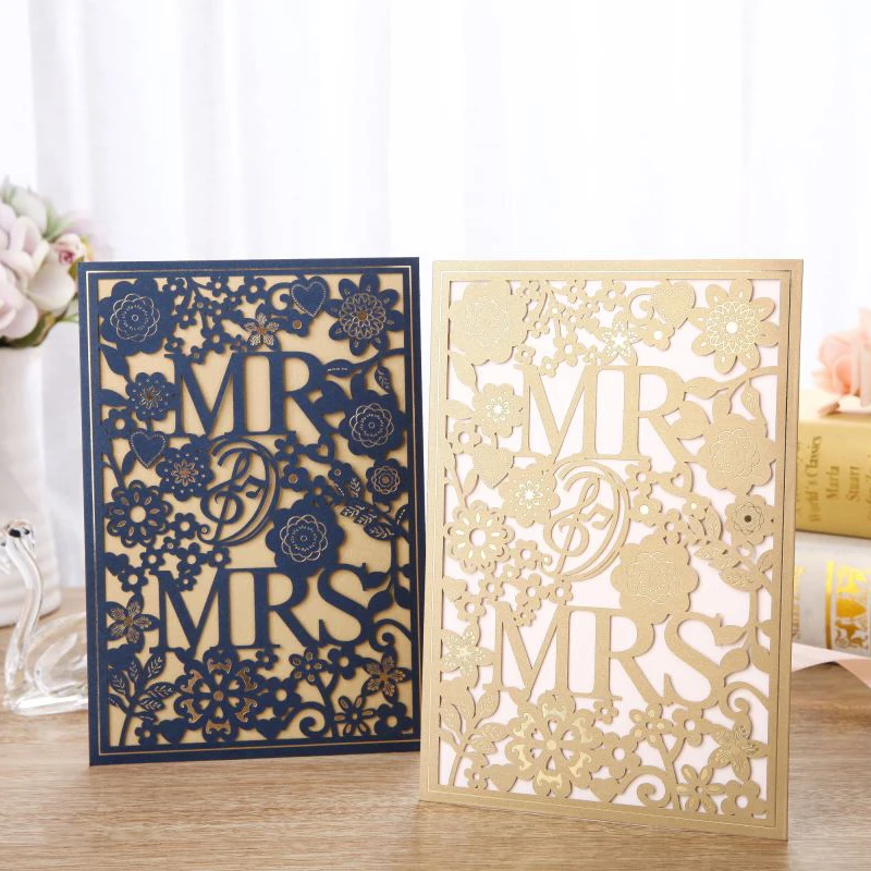 1pcs Gold Blue Laser Cut MR&MRS Wedding Invitations Card Elegant Greeting Cards Envelopes Wedding Event Party Favors Decoration