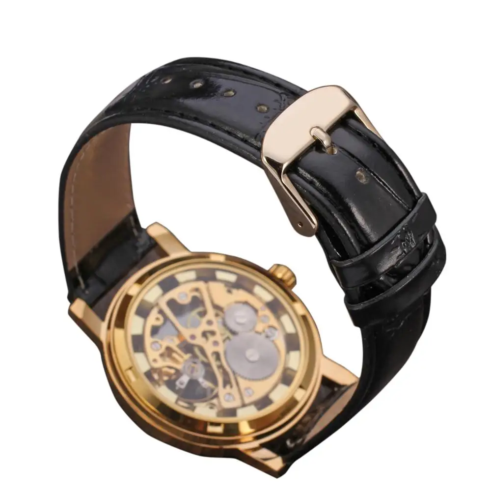 T-WINNER WATCH golden and black surface unique pointer digital dial black leather strap men\'s mechanical watch