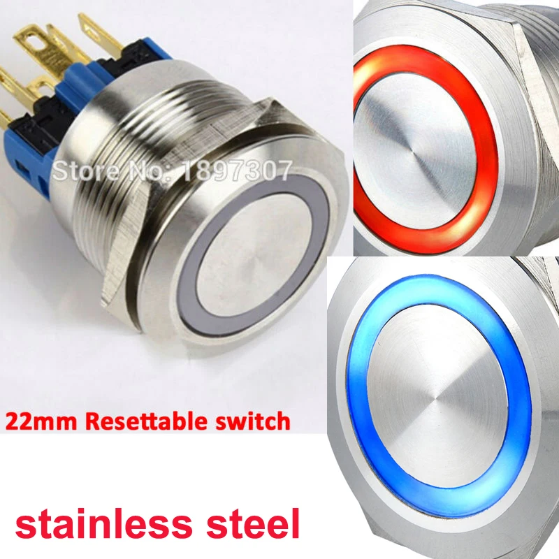 22mm 25mm Dual Color 3V 6V 12V 24V RED/Blue Ring LED 1NO1NC Reset Momentary Anti-Vandal Electric Car Push Button Switch