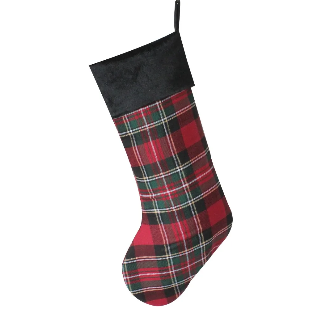 Free Shipping Plaid Check Body Christmas Stocking With Black Velvet Cuff Christmas Sock P4683