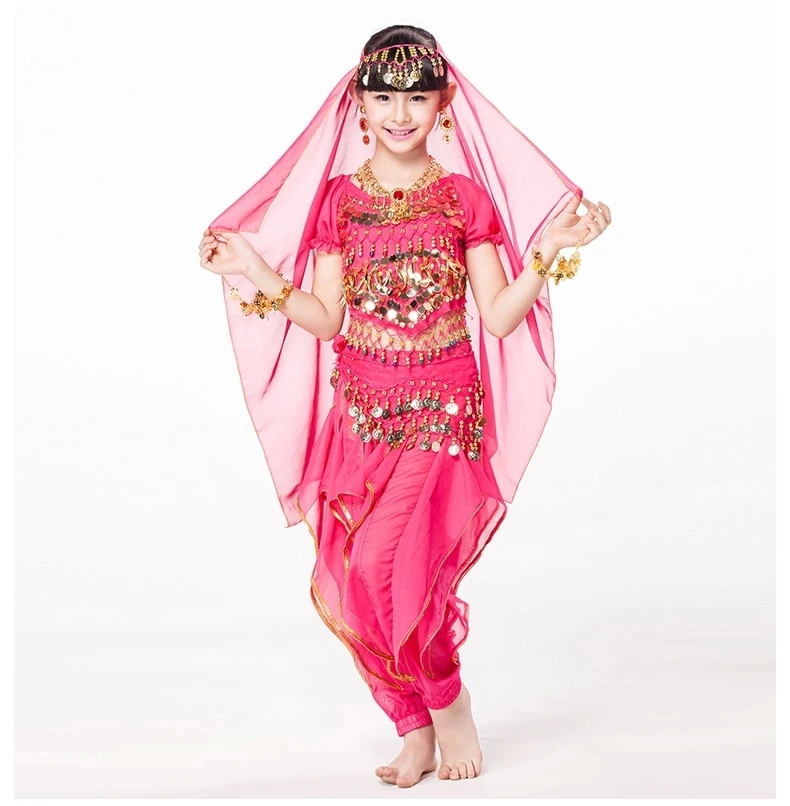 

Children Indian Dance 5-piece Set Costume Top, Belt, Pants and Head Pieces Coin Bracelets Bollywood Dance Costumes for Kids