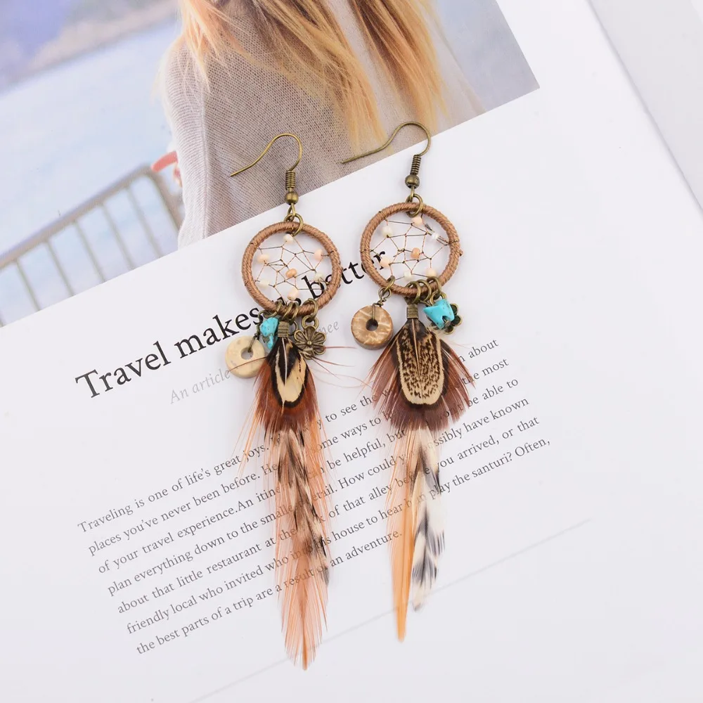 Ethnic Long Bohemia Feather Beaded Earrings For Women Dreamcatcher Round Wood Indian Gypsy Hippie Earrings Boucle D'oreille