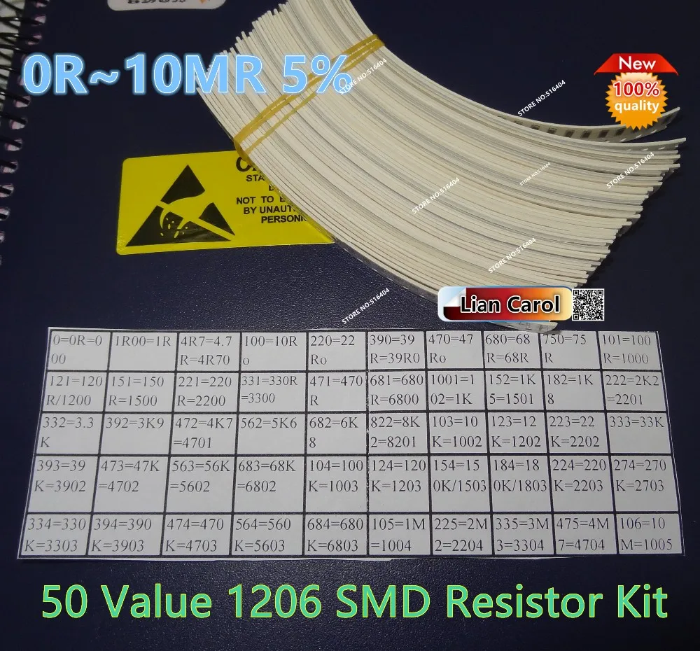 free shipping 1250 pcs! 50 Value 1206 SMD Resistor Kit (0R~10MR) 5% 100%NEW AND ORIGINAL