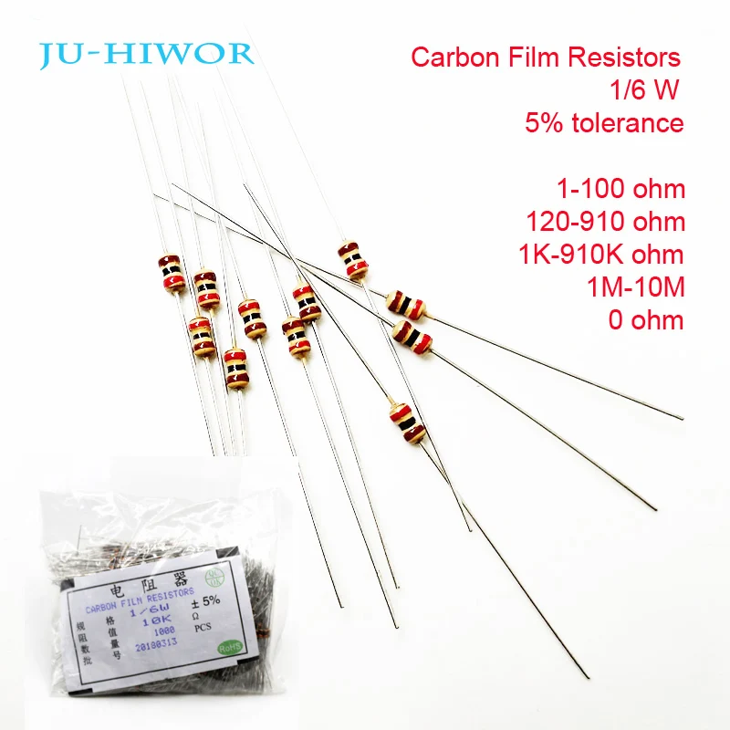 1000pcs Diy Carbon Film Resistors 1/6 W 5% 1-100 120-910 1K-910K 1M-10M 0 Ohm 100 200 300 1K 2K 3K 1M 2M 10M Resistor