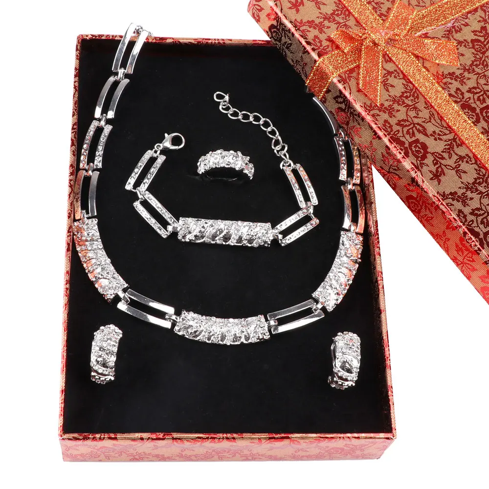 Silver plated Women jewelry sets with earrings statement necklace for party wedding boho crystal Trendy fashion necklace