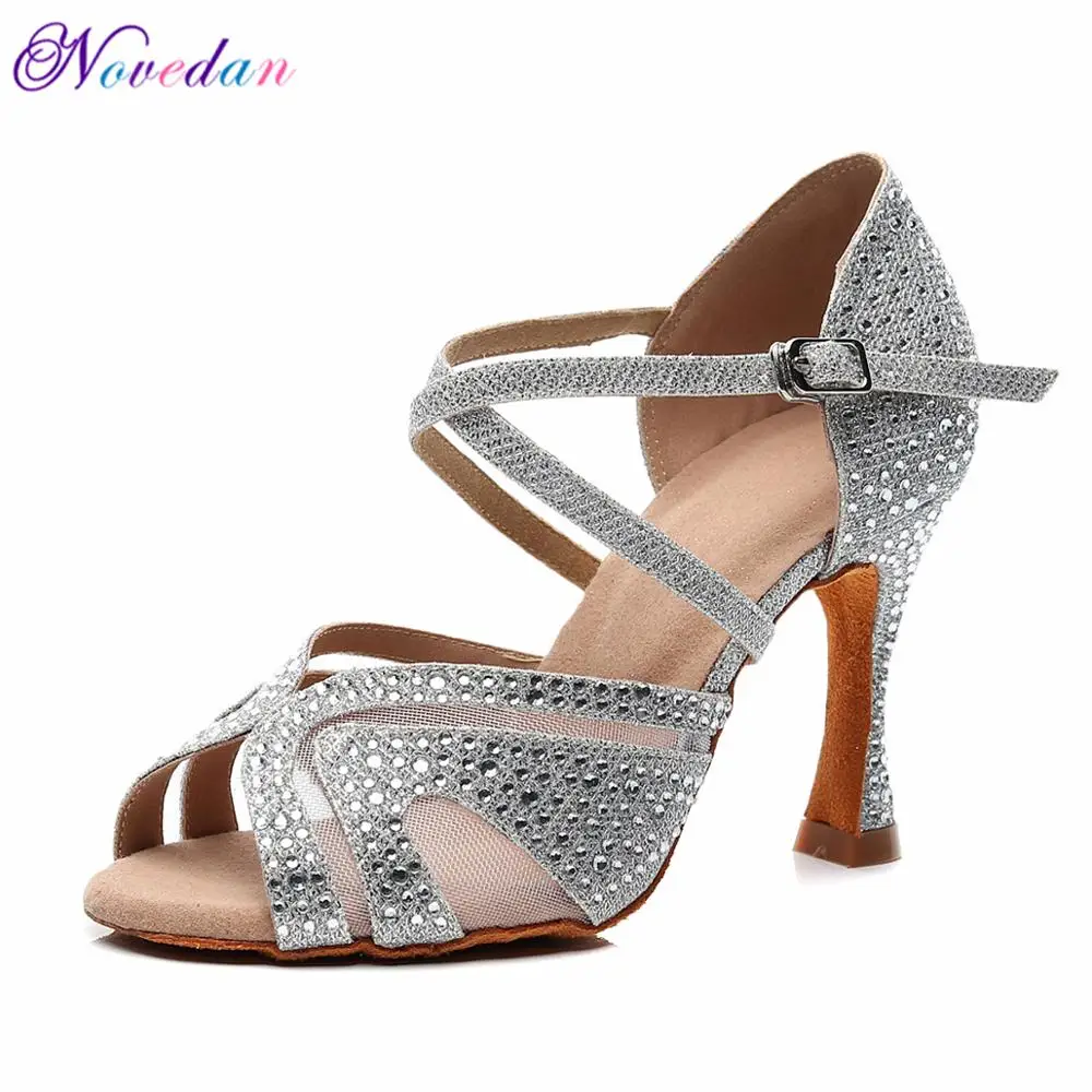 Latin Dance Shoes Women Rhinestone Glitter Salsa Ballroom Sandals Party Dancing Shoes High Heels 9cm Silver White