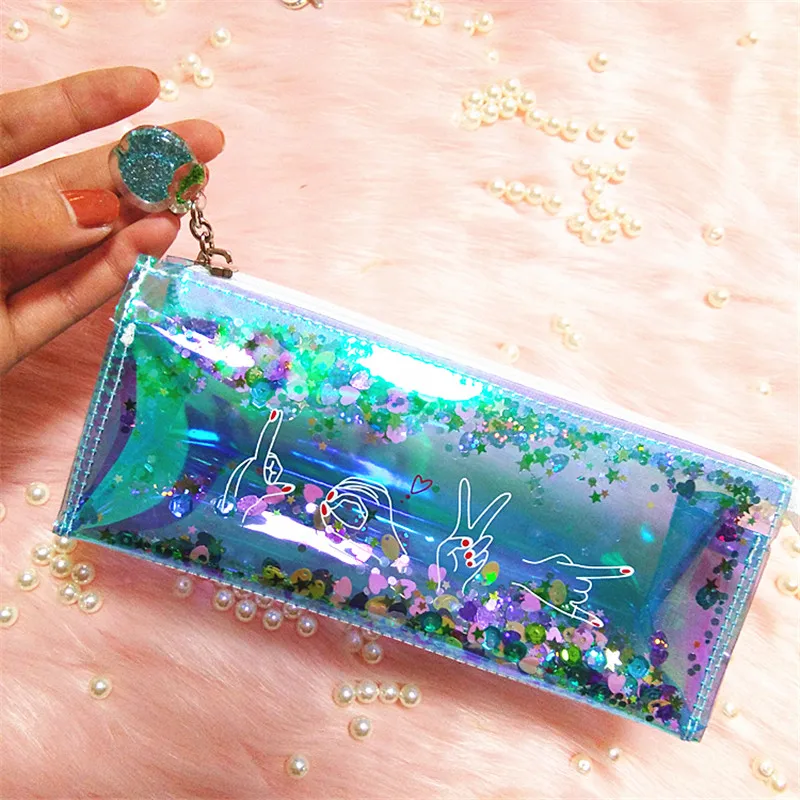 Fashion Harajuku Hologram Metallic Color Sequin Transparent Laser Pencil Case Woman Cosmetics Storage Bag Student Stationery
