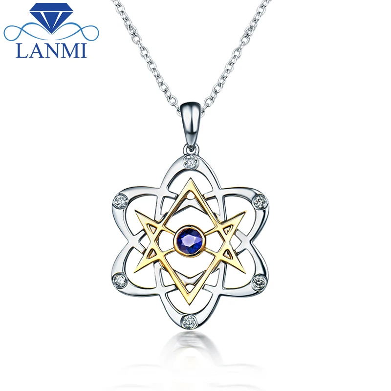 

LANMI Star Shape Real 9K Two-tone Gold Round Sapphire Pendant Necklace Party Gemstone Jewelry for Girl