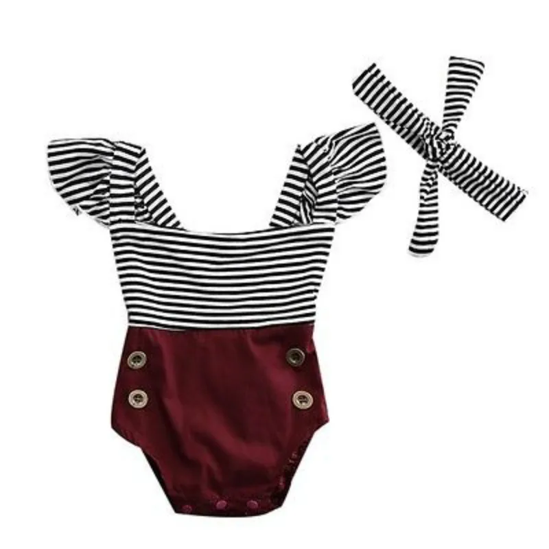 

Newborn Infant Baby Girls Striped Button Sleeveless Cotton One Piece Romper +Headband Kids Jumpsuit Playsuit Clothes Outfits Set