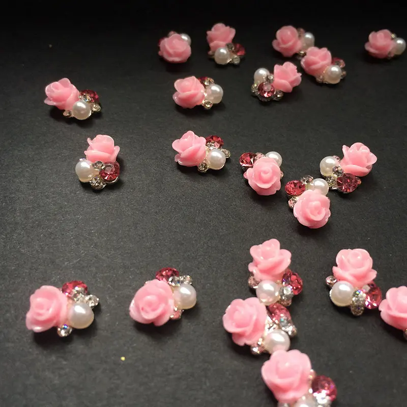 10pcs Alloy Glitter 3d Nail Art Mistyrose Rose Decorations with Rhinestones Alloy Nail Charms