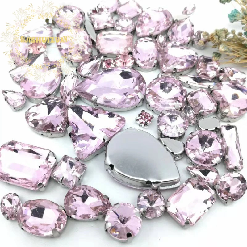 58pcs 10shapes 25sizes Mix Pink shape and sizes Glass Crystal rhinestones silvery bottom DIY Clothing accessories and wedding