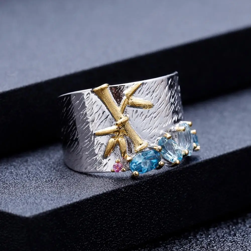 GEM\'S BALLET Natural Creative Blue Topaz Gemstone Ring 925 Sterling Silver Handmade Bamboo Finger Rings for Women Fine Jewelry