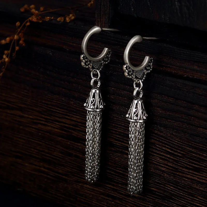 

S925 pure silver tassel retro personality ms joker Thai silver earrings