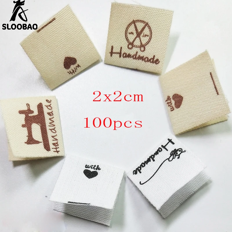 Sloobao 100pcs hand made with love Washable Cotton Clothing Labels Handmade printed Tags DIY Flag Labels For Garment Sewing