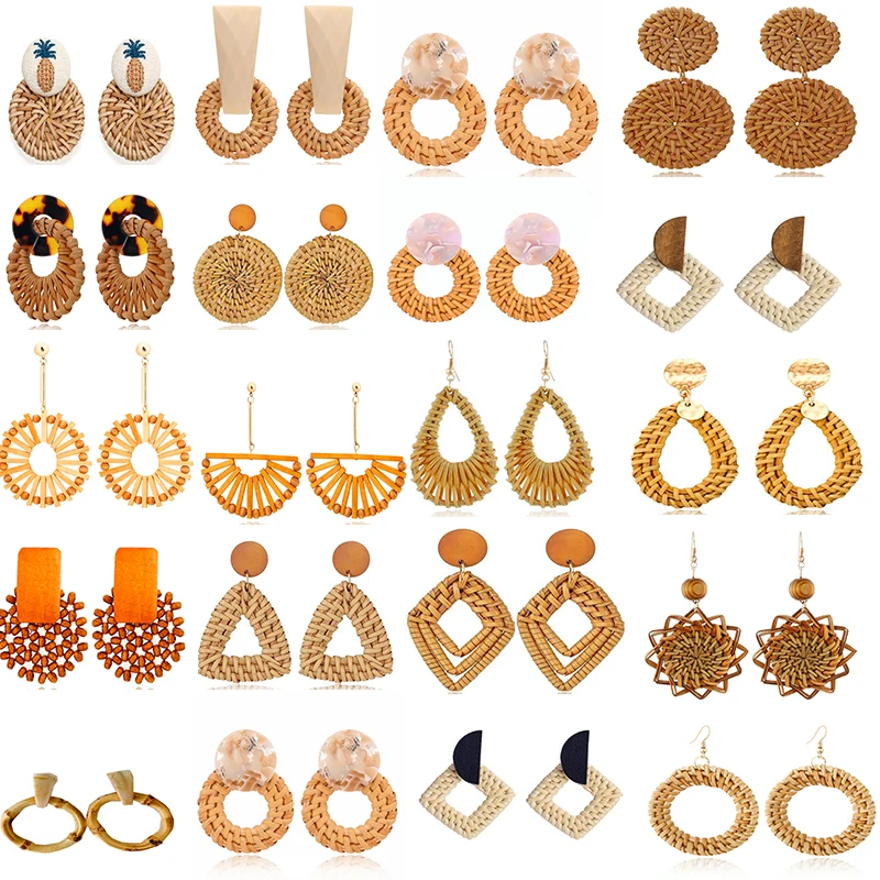 YAOLOGE multiples corée à la main bambou tresse pendentif boucles d'oreilles pour les femmes nouveaux bijoux de mode rotin vigne tricot longues Brincos