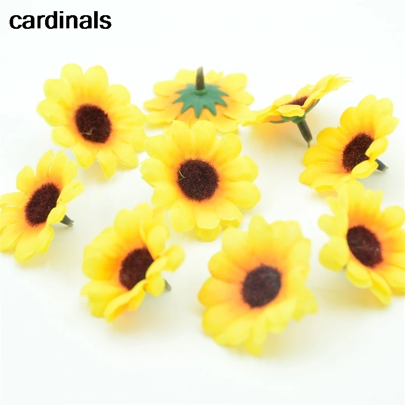 30pcs 4cm Fake flowers Mini Silk Sunflower Artificial Flower Head For Wreath Decoration  Wedding Box Decoration