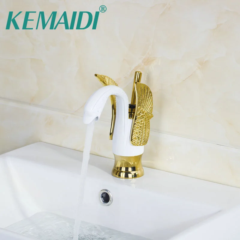 

KEMAIDI Bathroom Sink Faucet Swan Design Polished Chrome And White Painting Basin Faucets Deck Mounted Tap Mixer Single Lever