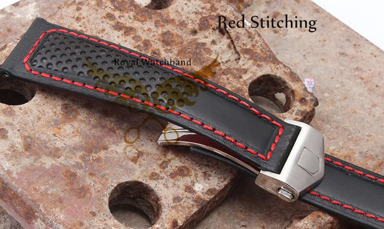 22mm New High Quality Stainless Steel Butterfly Buckle Red Stitched Black Genuine Leather Watch bands Strap For BRAND