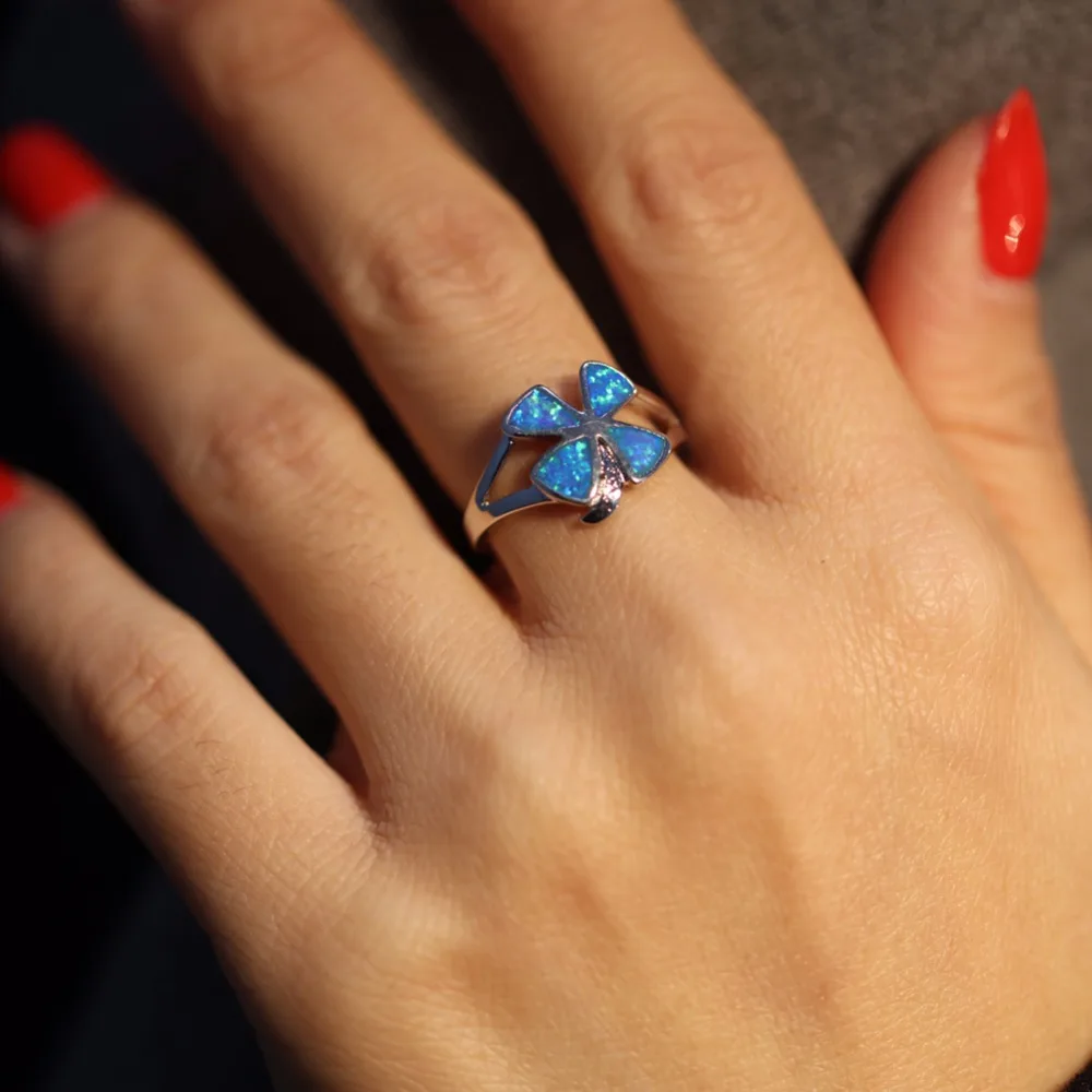

CiNily Created Blue Fire Opal Rings Silver Plated Lucky Leaf for Women Jewelry Wedding Engagement Ring Size 7 OJ9308