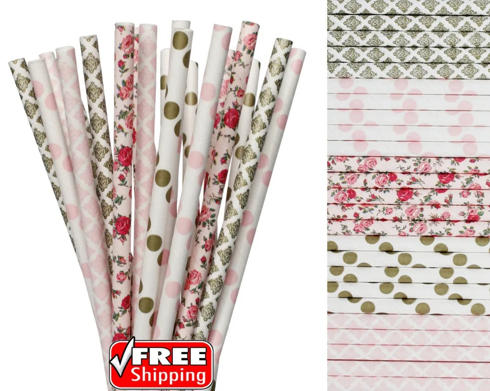 250 Pcs Mixed 5 Designs Light Pink and Gold Themed Paper Straws-Damask,Polka Dot,Flower,Floral Wedding Spring Garden Party Decor