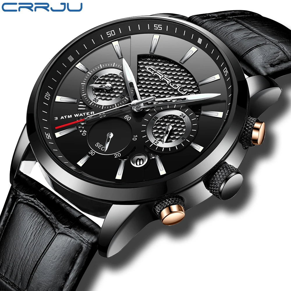 

Men Watches Luxury CRRJU Brand Chronograph Men Sport Watches High Quality Leather Strap Quartz Wristwatch Relogio Masculino