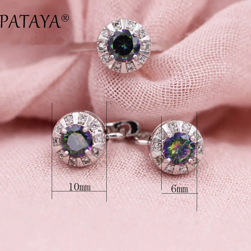 PATAYA New Arrivals Green Round Natural Zirconia Earrings Ring Sets Women Romantic Wedding Jewelry True White Gold Color Jewelry