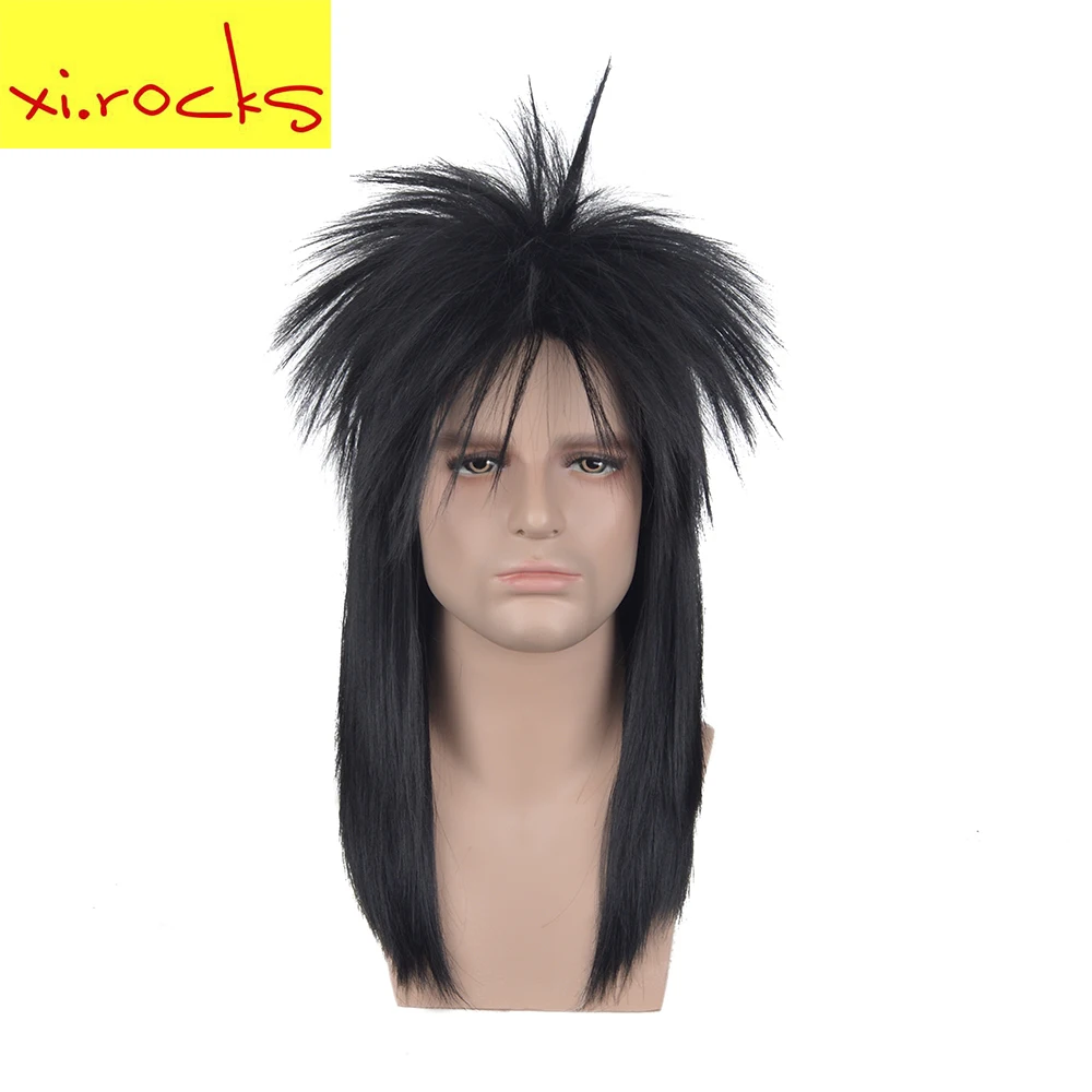 3617 xi.rock medium length straight Rocking Dude Black Synthetic Stylish art EMO Punk Metal Rocker Disco Mullet Cosplay Wig wigs