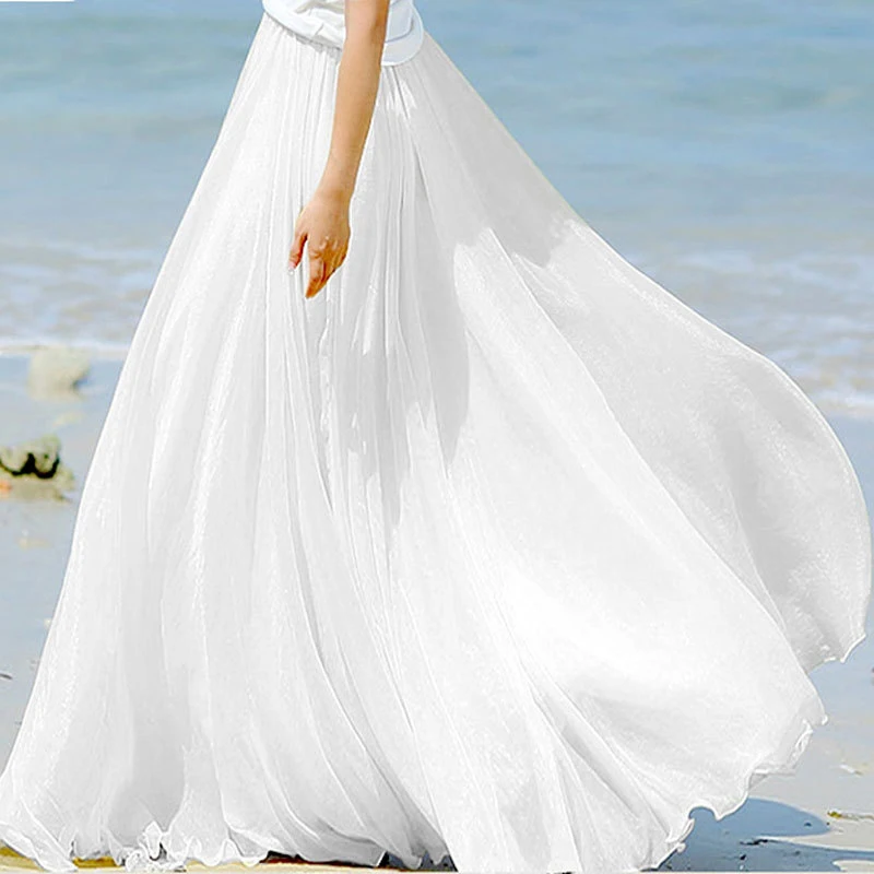 Moda damska szyfonowa długie spódnice wysoka talia piętro długość Ruffles białe lato Boho Maxi spódnica Saia Longa Faldas