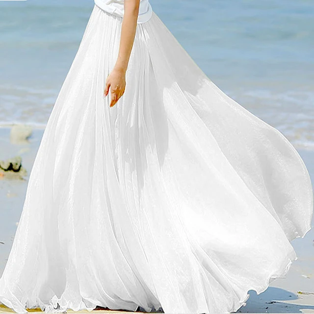 Moda damska szyfonowa długie spódnice wysoka talia piętro długość Ruffles białe lato Boho Maxi spódnica Saia Longa Faldas