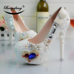 2019 New arrival Womens wedding shoes white pearl Bridal party dress shoes Heart of ocean Woman High heels platform shoe