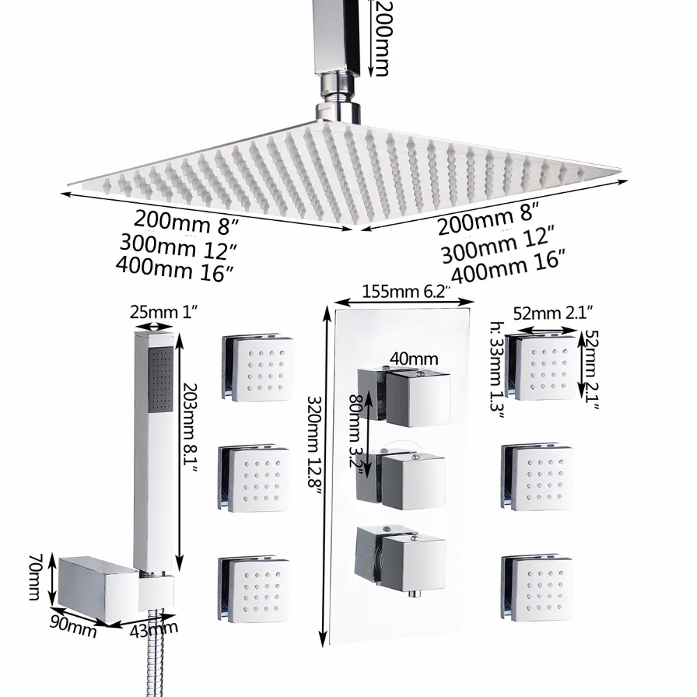 Monite 8 12 16 Inch LED Rainfall Ceiling Shower Head Bathroom Bathtub Wall Mounted Massage Jets Mixer Tap Shower Faucet Set