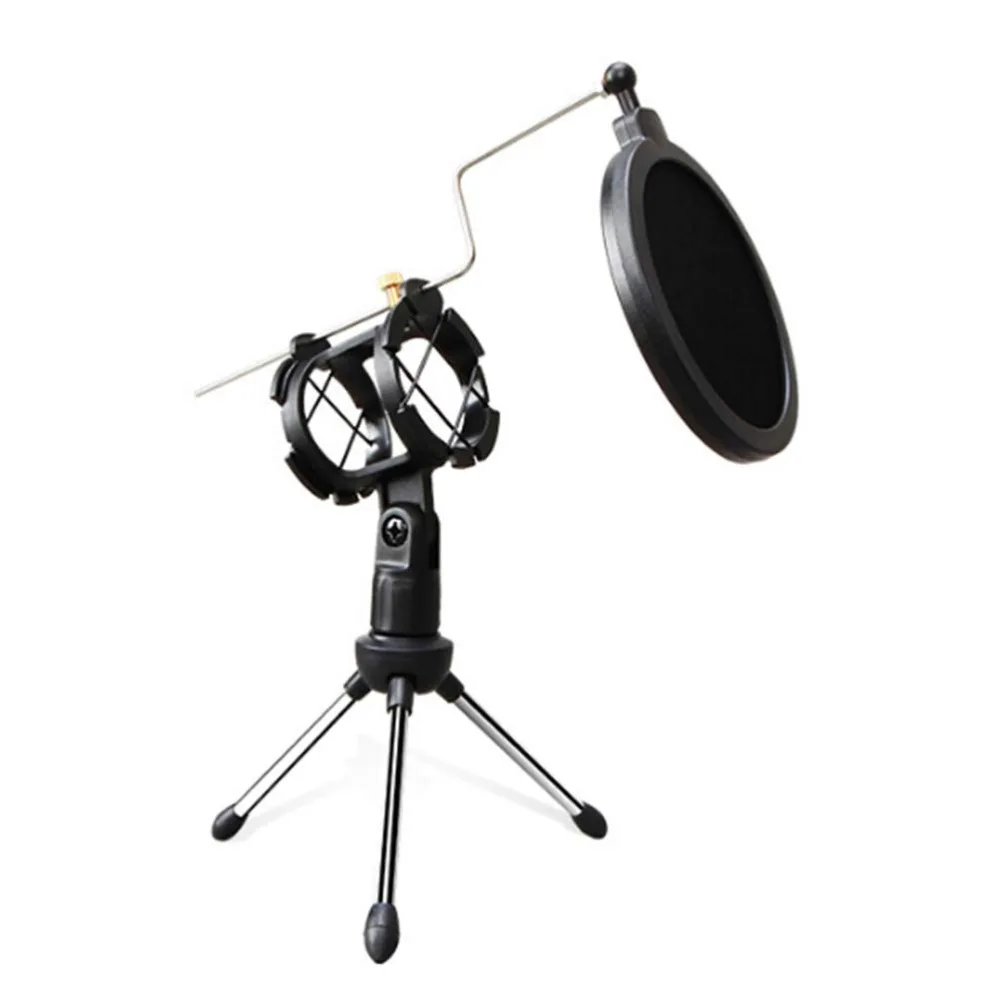 Foldable Tripod Suspension Stand With Shock Mount Anti-Vibration Double-Net Pop Filter Podcast Internet Chat  Desktop Mic Holder