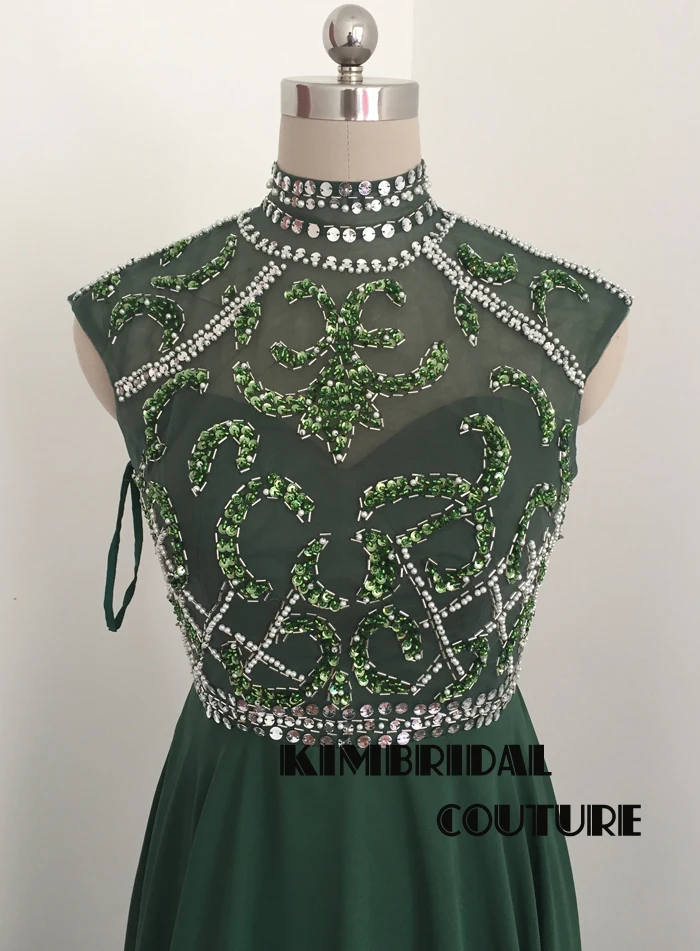 Imagen real Vestidos de Noche Vestidos largo hasta el suelo cuello alto adornos de cristal con lentejuelas Gasa verde una línea Prom imagen real del vestido