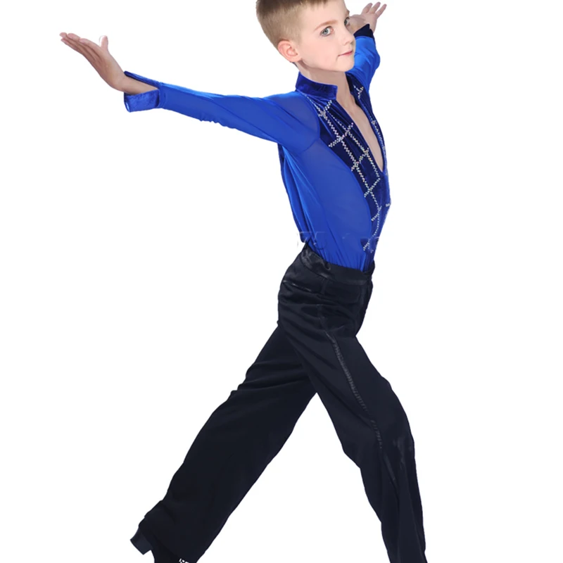 Original Latin Dance Tops for Children Black Blue White Fitness Shirt Boy Sexy Male Ballroom Professional Chacha Clothes N7005